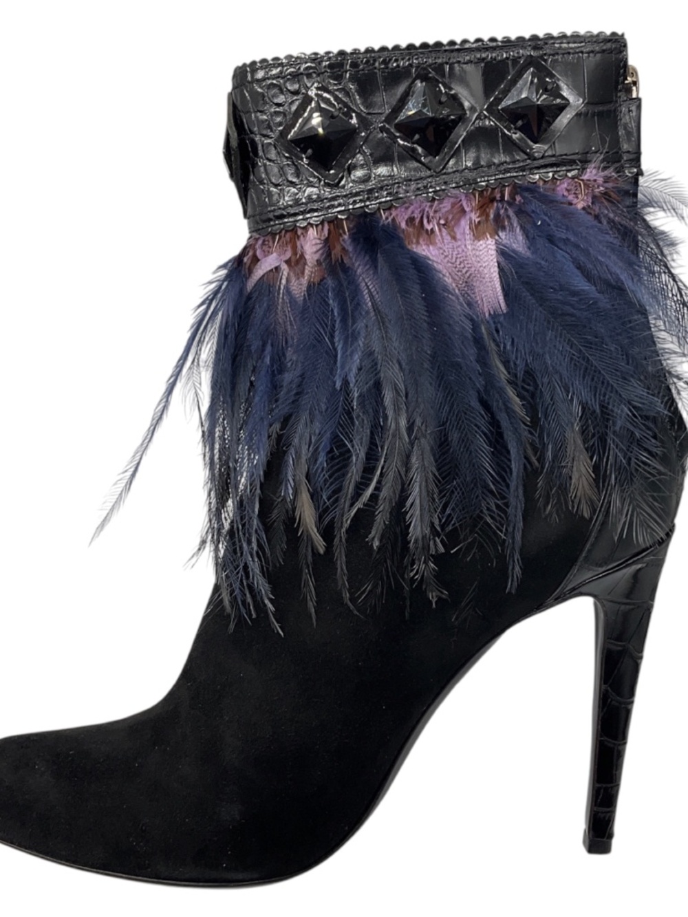 CHRISTIAN DIOR BLACK / PURPLE / BLUE FEATHER EMBELLISHED SUEDE ANKLE BOOTIES WIT - Picture 3 of 8